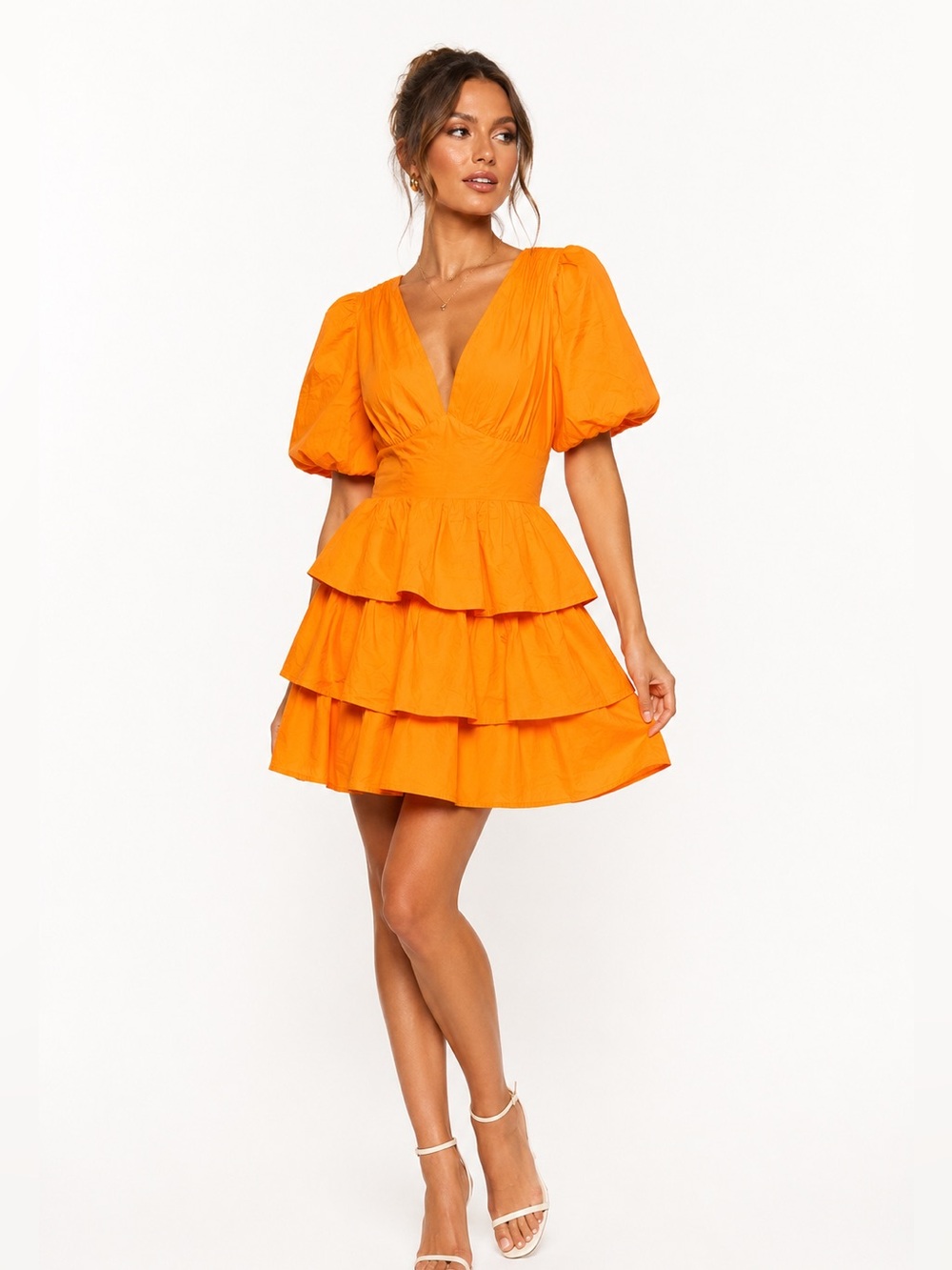 Lena Size Small Womens VNeck Tiered Puff-Sleeve Mini Dress - Orange